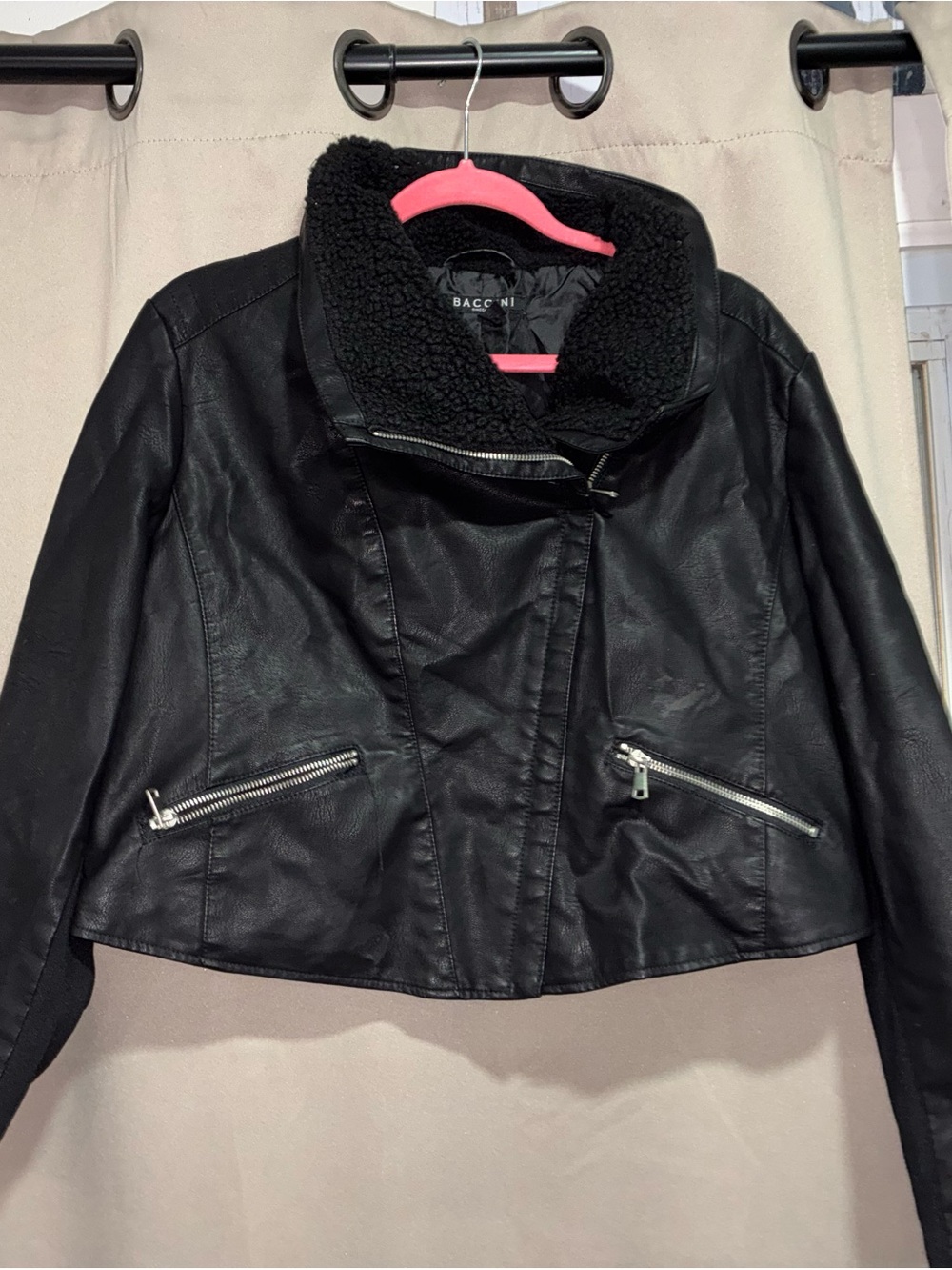 Baccini Black Faux Leather Moto Jacket with Sherpa Collar